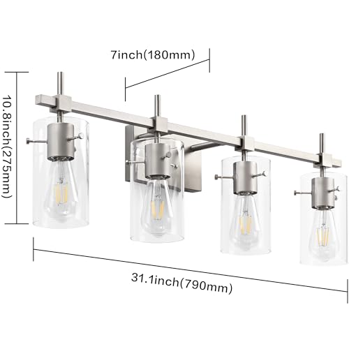 Image of SOLFART 4 Light Bathroom Vanity Lights Bathroom Lights Over Mirror Vintage Bath Lighting Brushed Nickel Wall Sconce with Glass Shade