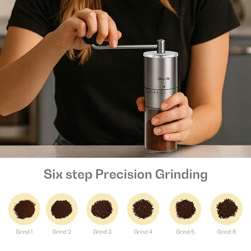 Image of IBELL GRINDX6 Manual Coffee Grinder with Glass Jar, 6 Adjustable Settings, Stainless Steel, Detachable Handle, Ceramic Conical Burrs, Whole Beans, Drip Coffee, Espresso (Silver)