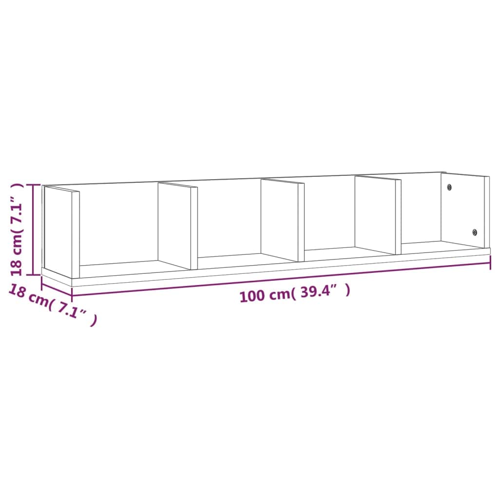 Mensola Parete Porta CD 100x18x18cm Legno Multistrato Rovere Fumo | Mobiletto pensile con 4 scomparti per esporre libri, console e decoder in soggiorno o in camera da letto.