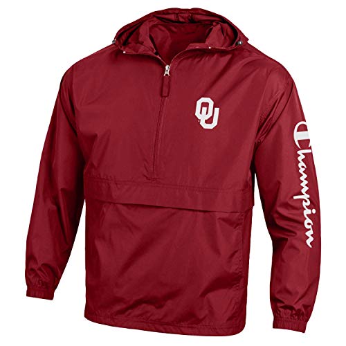 Champion NCAA Mens NCAA Men's Half Zip Packable Hooded Wind Jacket-Oklahoma Sooners-Crimson-XL