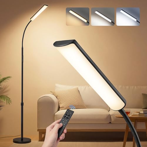 VASAGLE Lampada da Terra, Altezza Regolabile 141-175 cm, Piantana Moderna da 15 W con Testa Flessibile a 360°, Timer e Funzione di Memoria, Pulsante e Telecomando, Soggiorno, Nero Opaco LFL007BD02