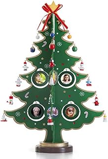 17 Inch Picture Frame Wooden Tabletop Christmas Tree with 8 Hanging Picture Frames Ornaments and 24 Mini Christmas Ornaments with Star Treetop for DIY Christmas Decoration & Family Tree Photo Frames
