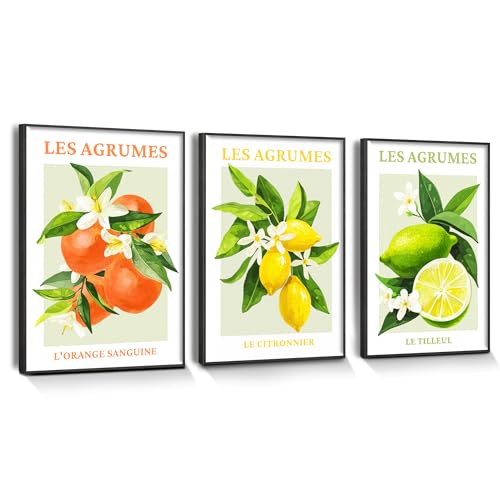 SERIMINO Framed Canvas Wall Art Prints, Fruit Lemon 3 Piece Wall Art Set, Floral Botanical Kitchen Decor Paintings, Nature Plant Aesthetic Pictures Modern Dining Room Wall Decor for Bedroom 16