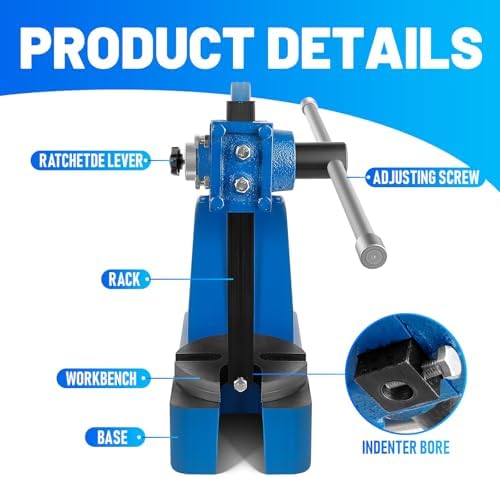 Manual Arbor Press 1 Ton, Blue Cast Iron Desktop Tool with 5.5" Maximum Height, Removable Machined Steel Anvil for Stamping and Bending