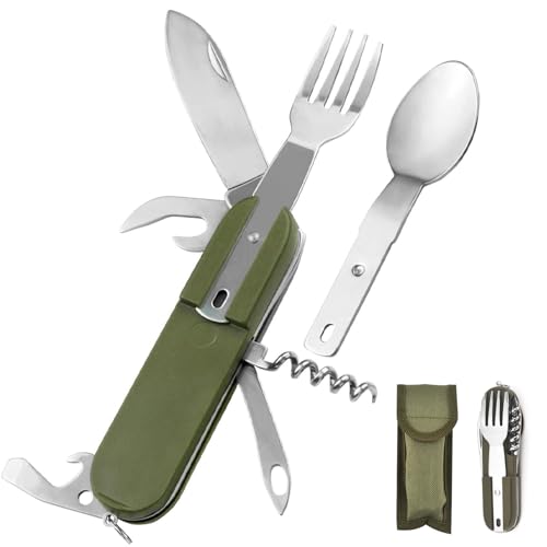 Snowtain Couverts Camping 7 en 1 en Acier Inox – Kit Pliable Multifonction avec Étui Ceinture, Ustensiles de Survie pour Randonnée, Pique-nique, Voyage...