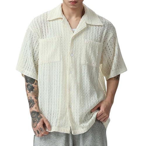 Generisch Camisa de manga corta para hombre, con botones, camisas casuales con textura jacquard, camisa de playa transpirable, camisa de verano con botones hawaianos, camisa de playa para hombre