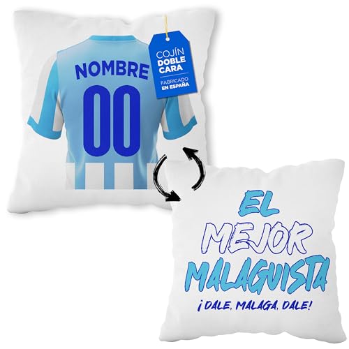 LINFORMAL Cojín Personalizado Fútbol - Diseño Doble Cara con Relleno Incluido - Regalo Original Aficionados del Fútbol - Regalo Camiseta Equipo Fútbol - Malaga 40x40