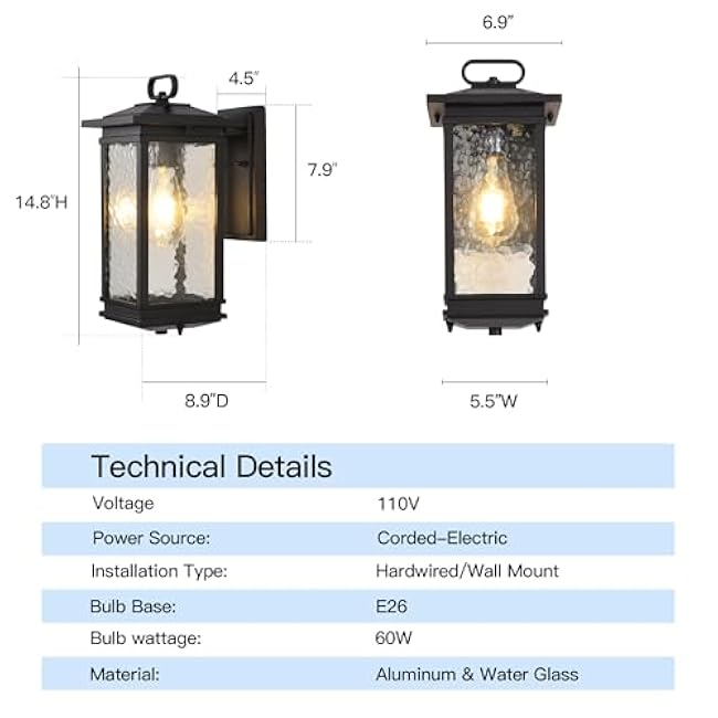 Large Outdoor Wall Lantern, Water Glass Exterior Wall Sconce Light Fixture, Matte Black Porch Light Wall Mount, Anti-Rust Aluminum Wall Lighting Fixtures for House, Garage, Patio