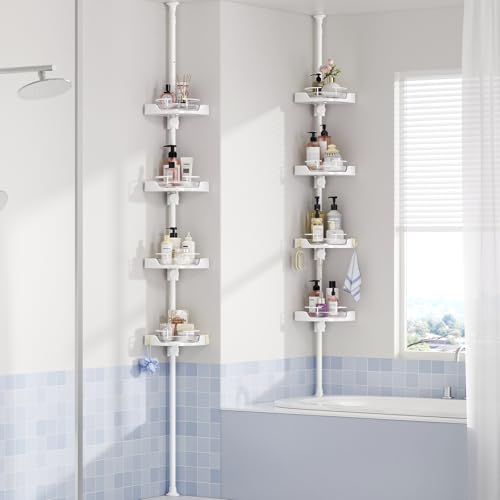 Image of akinbas 360 Rotating Shower Caddy Tension Pole with 4-Tier Rustproof Lazy Susan 35-128 Inch No Drilling Coner Shelves Adjustable Shower Rack for Bathroom Bathtub Washbasin Plant Storage (White)