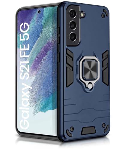 Image of WOW IMAGINE Shock Proof Back Case Mobile Cover for Samsung Galaxy S21 FE 5G | Back Cover Case (Tough Armor | Hybrid PC + TPU | Ring Holder & in-Built Kickstand | Blue)