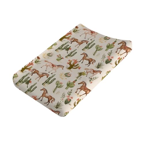 Watercolor Horse Pattern Baby Changing Pad Covers,Cactus Unisex Diaper Change Table Covers for Nursery Boys Girls,Comfortable Breathable Changing Tables Sheets Mats Fit 32