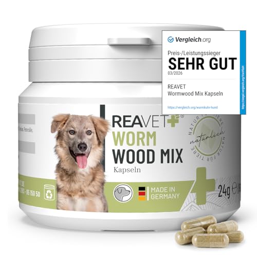 TESTURTEIL SEHR GUT 2026 ReaVET Wurm-Kraut Kapseln 50 Stück - für Hunde mit echtem Wurmkraut (Artemisia Absinthium) in rezepturbasierter Pflanzenformel geeignet für Hunde Aller Rassen