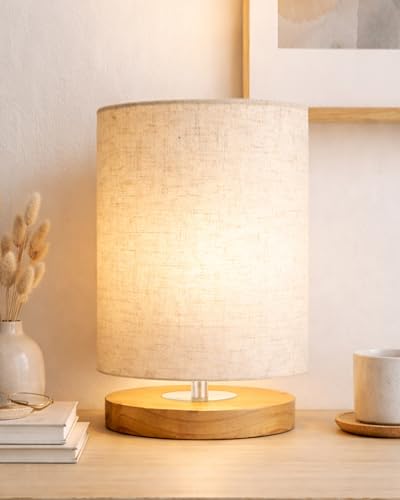 Image of Homesake Small Pine LED Table Lamp-Wooden Bedside Lamp Simple Bedroom Light Linen Shade Mini Desk Lamp Nightstand Lamps for Bedroom, Living Room, Gift, (Clip Khadi Shade)