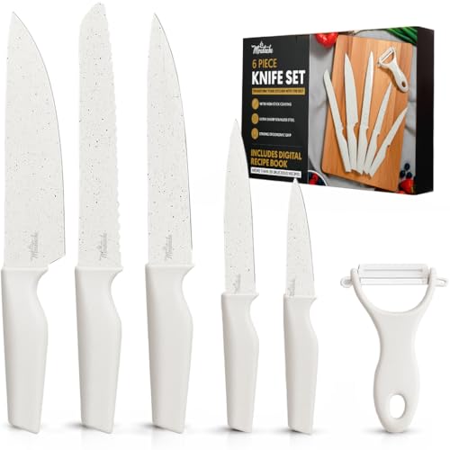 La Moustache - Cuchillos de Cocina Profesionales y Pelador【6 Piezas】 Set de Chef Antiadherente de Acero Inoxidable | Juego Ergonómico para Cortar Pan, Frutas, Verduras y Carnes (Latte)