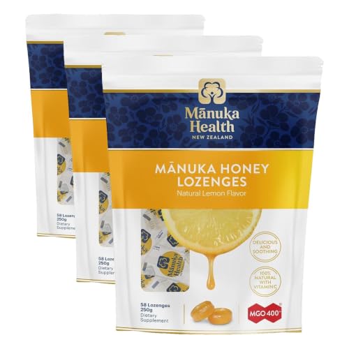 Image of Manuka Health Manuka Honey Cough Drops - 58 Natural Lemon Flavored Throat Lozenges Infused with Raw Manuka Honey and Vitamin C for Immune Support (Pack of 3)