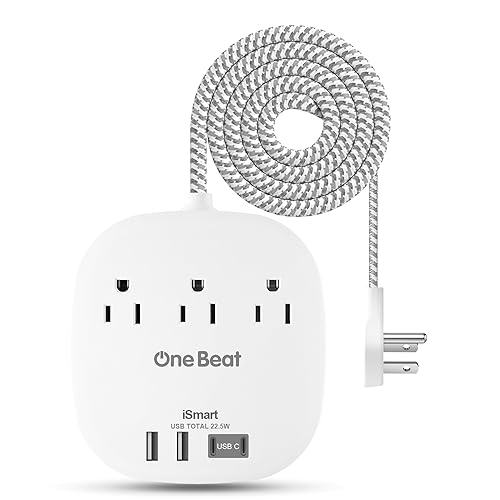 Flat Plug Power Strip, Flat Extension Cord 3 Ft, One Beat 3 Outlets 4 USB Ports (2 USB C) 22.5W/4.5A Desktop Charging Station Power Strip No Surge Protection, Cruise Ship Dorm Room Travel Essentials