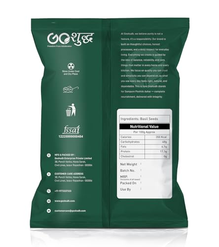 Image of Goshudh Basil Seeds for eating | 500g each (Pack of 5) | 2.5 Kg | Sabja Seeds | Tukmaria | Reduces Body Heat | High in Omega-3, Fibre & Plant Protein | Gluten-Free | Natural Superfood for Weight Management, Digestion & Hydration | Hygienically Packed