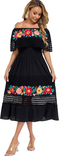 Image of YZXDORWJ Women Embroidered Mexican Peasant Casual Sexy Lace Off-Shoulder Long Dress