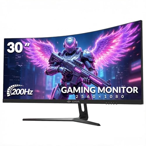 CRUA 30' Curved Gaming-Monitor, 165 Hz/200 Hz, WFHD (2560 x 1080p), 1500R VA-Bildschirm, 120% sRGB-Farbraumabdeckung, unterstützt AMD FreeSync, Wandmontage (HDMI, DP) – Schwarz
