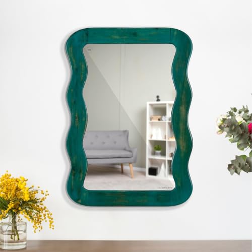 Image of FURNWEAVE Jevar Antique Wall Mirror - Premium Solid Wood Frame | Modern Wall Mounted Decorative Mirror for Living Room | Wall Hanging Mirror for Bathroom Wall & Room Corner | Dark Green Distress