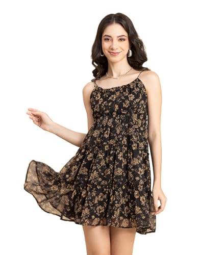 Image of Moomaya Women Printed Mini Dress, Strappy Shoulders Tiered Short Summer Dress