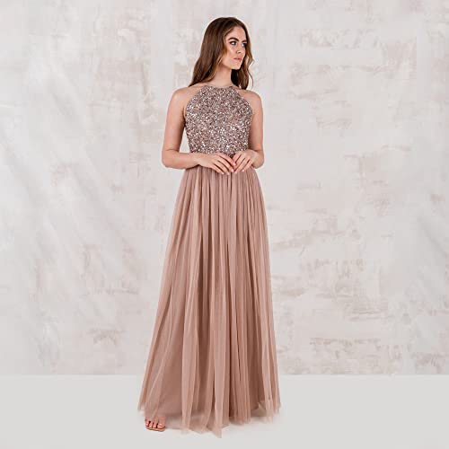 Maya Deluxe Damen Brautjungfer Maxikleid Neckholder Pailletten verziert Abschlussball Abschlussfeier Hochzeit, Taupe Blush, 44 EU (16 UK) 2
