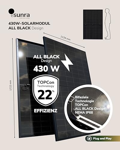ESUNRA Create your Energy - Balkonkraftwerk 600 / 800W - Plug & Play - 2 bifaziale 430W Solarpaneele - ALL BLACK - TOPCon - Mikrowechselrichter NEP - 5m Kabel - Überwachungs-App