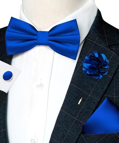 Image of RBOCOTT Solid Color Bow Tie and Pocket Square with Lapel Pin Cufflinks Set 4PCS