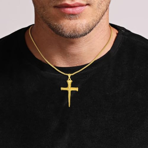 14K Gold Nail Cross Necklace for Men, Cross Pendant with Box Chain, Christian Religious Faith Jewelry Gift 20 Inch/50 cm2