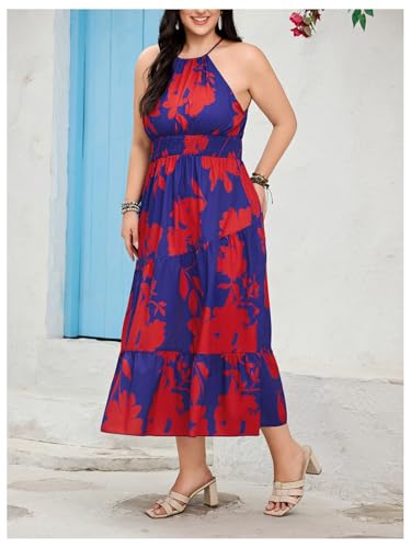 Image of Floerns Women's Plus Size Boho Sleeveless Halter Neck Tie Back A Line Long Dress