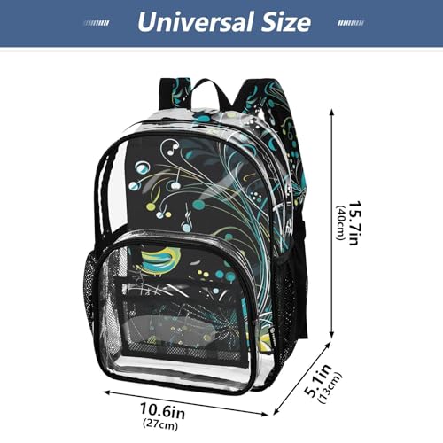 Music Notes Bird Black Clear Backpack Heavy Duty See Through Transparent PVC BookBag for Kids Boy Girl School Work4
