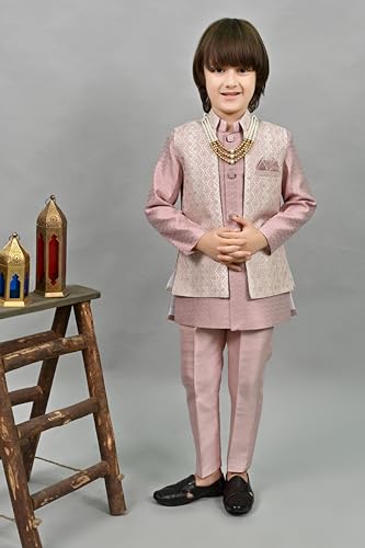 AHHAAAA Ethnic Zari Work Indo-Western Printed Kurta, Waistcoat and Pajama 3-Piece Set for Boys2