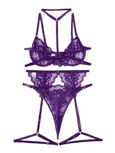 Image of Lilosy Sexy Choker Floral Lace Scallop Sheer Underwire Push Up Garter Belt Lingerie Set 3 Piece