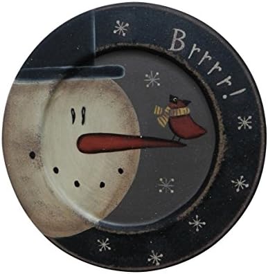 CVHOMEDECO. Primitive Vintage Hand Painted Decorative Wood Plate Brrrr Snowman and Little Bird Wooden Plate Home Décor Art, 8-1/2 Inch