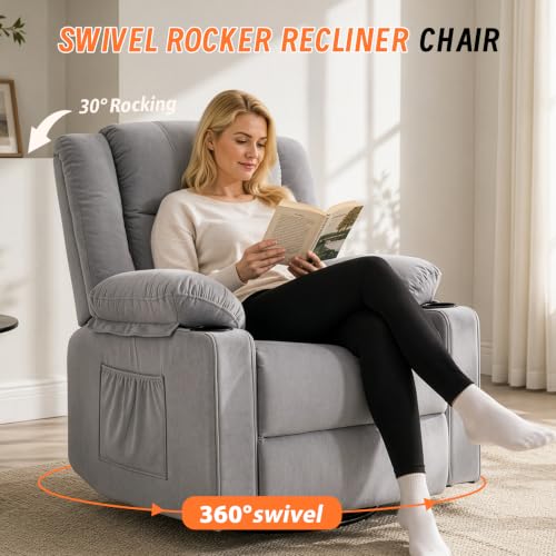 Image of Rocking Recliner Chair for Adults, 360 Swivel Rocker Recliner with Massage and Heating, Manual Glider Rocking Chair with Cup Holders for Living Room Bedroom Nursery(Light Gray)