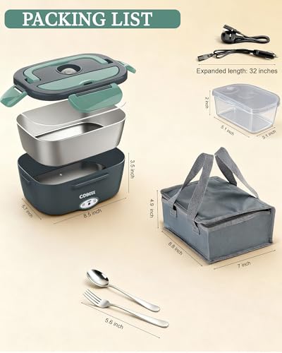 CDBEEE Electric Lunch Box Food Heater - 80W Fast Heating, 1.5L Heated Lunch Box Leak-Proof 304 Stainless Steel Portable Food Warmer, (12V/24V Car/Truck & 230V Home), Ideal for Work/Travel（Green） - Image 5