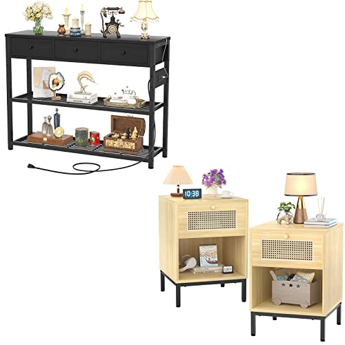 Ecoprsio 47'' Black Entryway Table With Outlets And Usb Ports, Console Table With 3 Drawers, Natural Nightstands Set Of 2, Rattan Nightstand Bedside Tables, Mid-Century Modern Nightstand With Drawer #TOP16