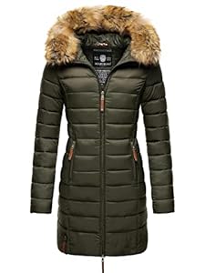 MARIKOO Damen Wintermantel warmer Steppmantel lang mit Kapuze und abnehmbarem Kunstfell-Kragen Rose Grün Gr. S