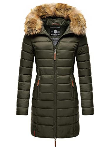 MARIKOO Damen Wintermantel warmer Steppmantel lang mit Kapuze und abnehmbarem Kunstfell-Kragen Rose Grün Gr. XL