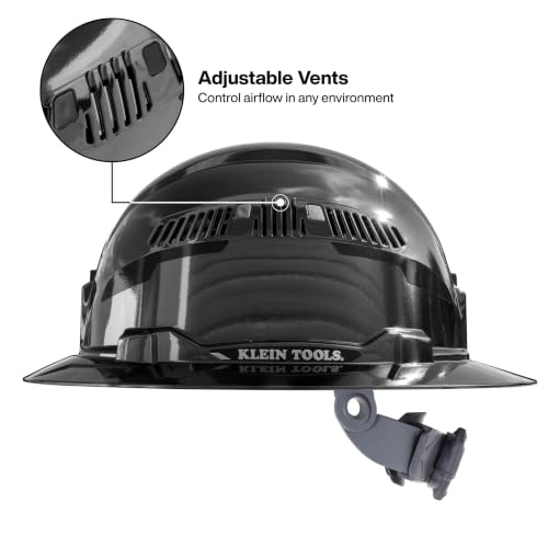 Image of Klein Tools Hard Hat, Vented Full Brim, Class C, Premium KARBN Pattern, Rechargeable Lamp