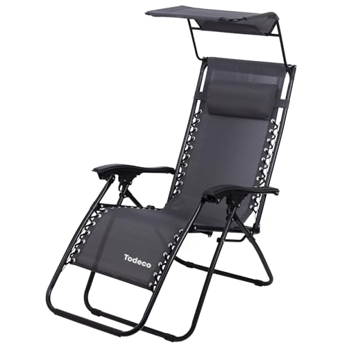 Todeco Chaise Longue Transat Jardin Plein Air, Transat de Plage Pliable avec Pare Soleil, Bain de Soleil avec Repose-tête, d’accoudoirs Réglables, Camping...
