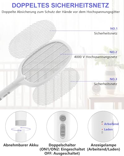 AOKKR Elektrische Fliegenklatsche, 4000V Insektenvernichter mit UV Mückenfalle, Elektro Fliegenfalle mit 1800 mAh Akku Aufladbar und… – Ansicht 4