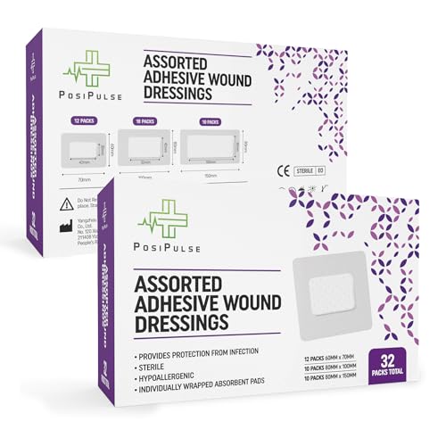 Posi Pulse Assorted Adhesive Wound Dressings - 32 Packs for Protection from Infection Sterile Individually Wrapped Hypoallergenic Breathable Absorbent for Cuts Grazes Ulcers Sores