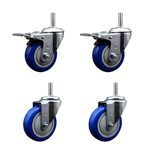 Polyurethane Swivel Threaded Stem Caster Set of 4 w/4” x 1.25” Blue Wheels and 5/8” Stems - Includes 2 with Total Locking Brake - 1400 lbs Total Capacity - Service Caster Brand