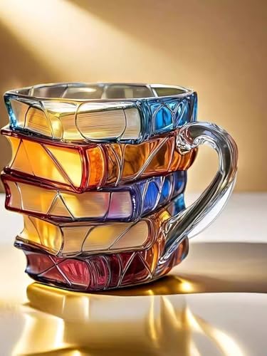 Taza de vidrio pintada con diseño libro apilado 11 oz miniatura 3