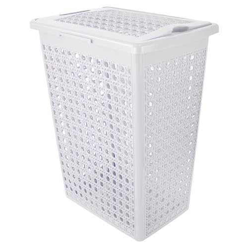Slimline Plastic Bathroom Washing Basket Laundry Linen 48L Hamper Storage Clothes Bin Hinged Lid Rattan Style (WHITE)
