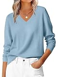 ANRABESS Womens Long Sleeve V Neck Sweaters 2025 Fall Casual Classic Soft Loose Fit Basic Pullover Jumper Top Light Blue Medium