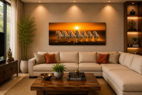 Image of 7 Horse Vastu Sunrise Canvas Painting | Positive Energy Wall Decor | Big Size Premium Running Horses Artwork for Home, Office & Hall Decoration (Modern, Sun White Horse, 44x20 Inch)