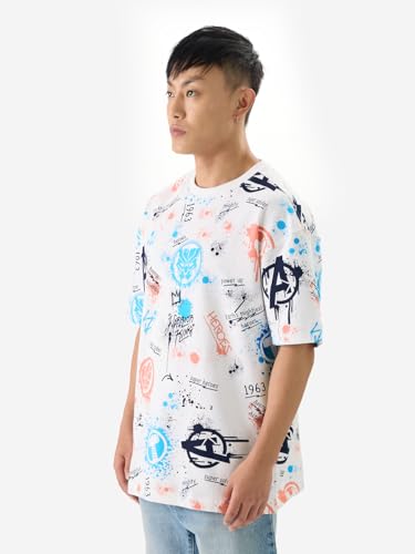 Image of The Souled Store Official Marvel: Creative Chaos Men and Boys Short Sleeves Round Neck Multicolor All Over Printed Cotton Oversized T-Shirts