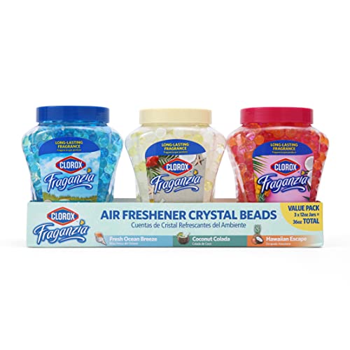 Clorox Fraganzia Crystal Beads Air Freshener Triple Pack Fresh Ocean Breeze Coconut Colada and Island Escape Scents Long Lasting Room Deodorizer Gel Beads 12 Fl Oz Each - 3 Pack